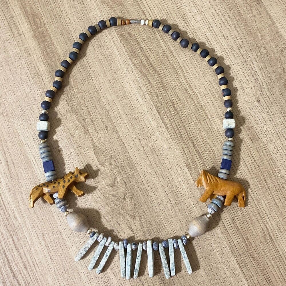 Vtg African Style Necklace Carved Animals Wooden Stone Beaded Jungle Folk Art